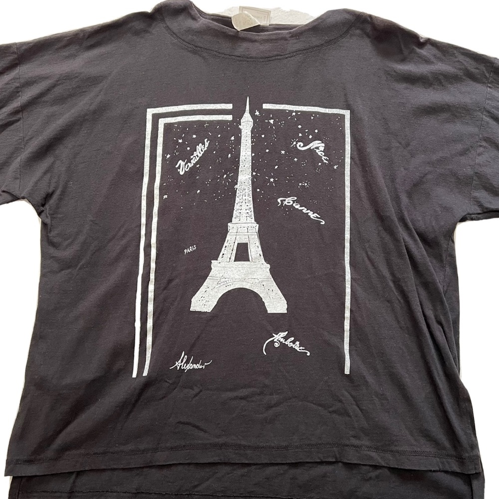 Vintage Black Tee with White Eiffel Tower Graphic